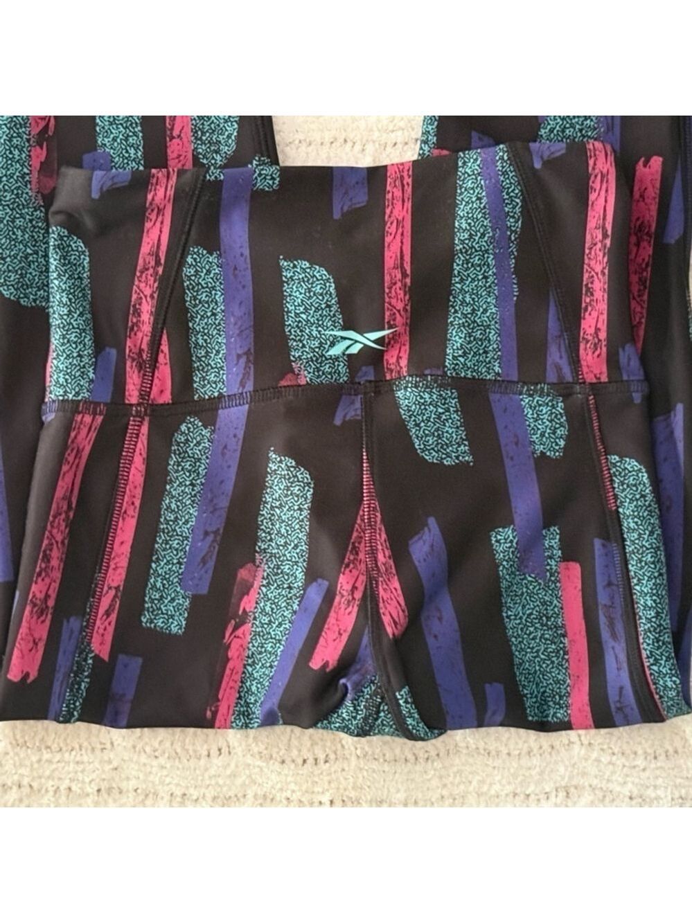 Reebok AOP Printed Leggings Black Pink Purple High Rise Speedwick Activewear XS - Picture 5 of 12
